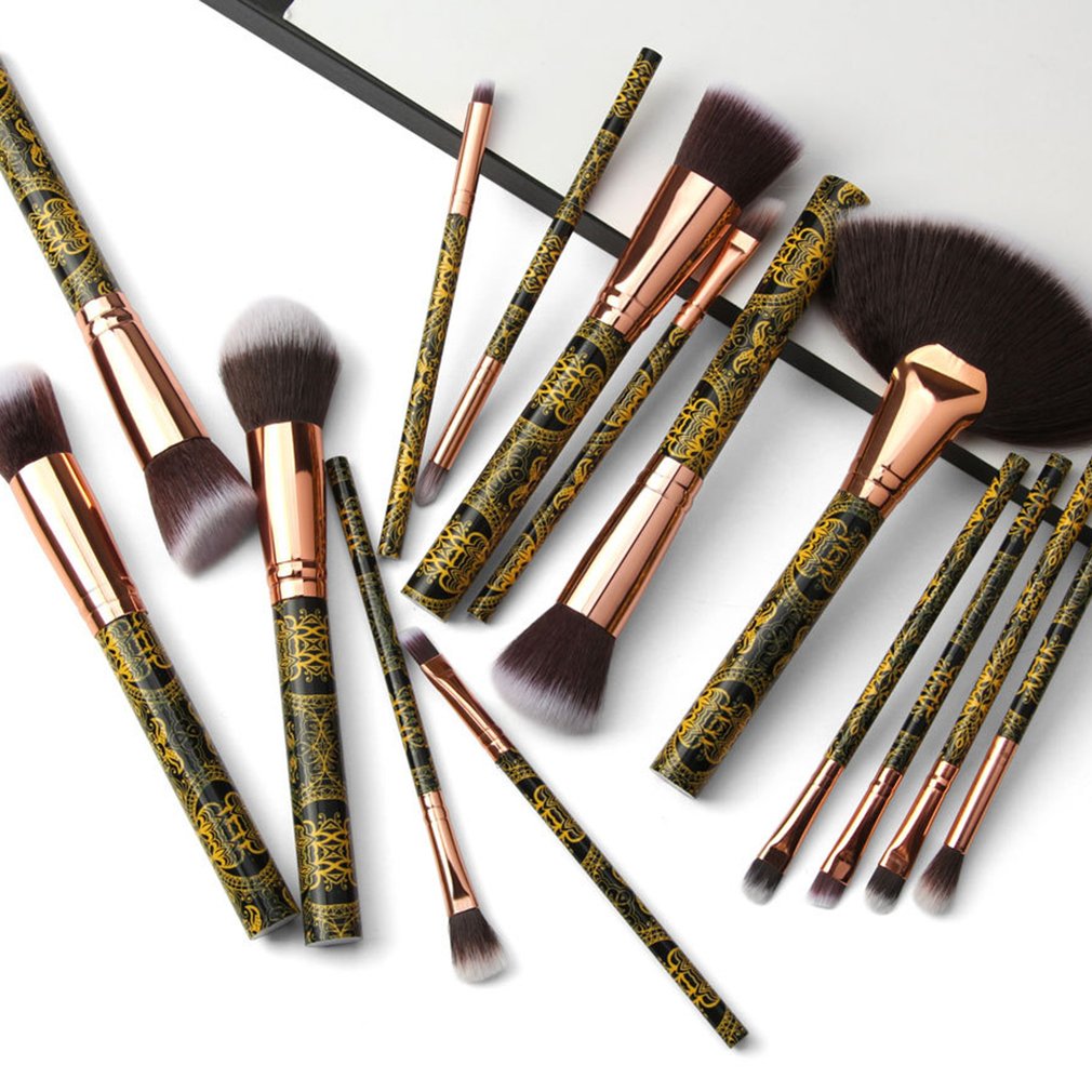 Patterned Makeup Brush Set - 15 Black and Gold Brushes