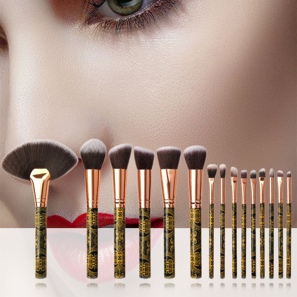 Patterned Makeup Brush Set - 15 Black and Gold Brushes