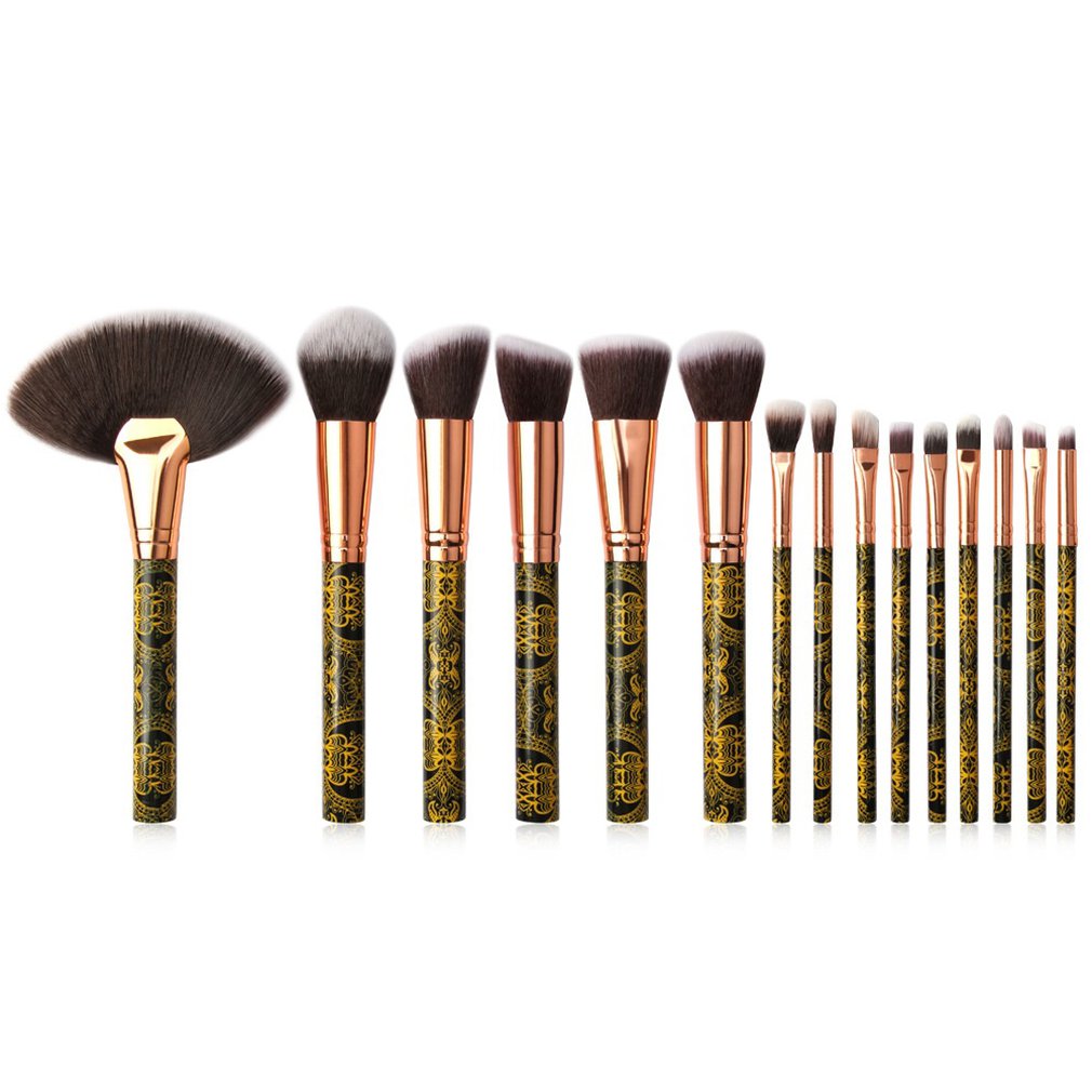 Patterned Makeup Brush Set - 15 Black and Gold Brushes