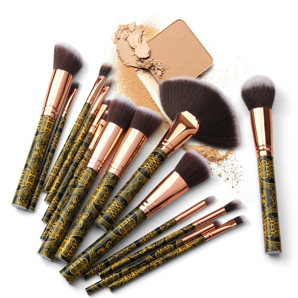 Patterned Makeup Brush Set - 15 Black and Gold Brushes